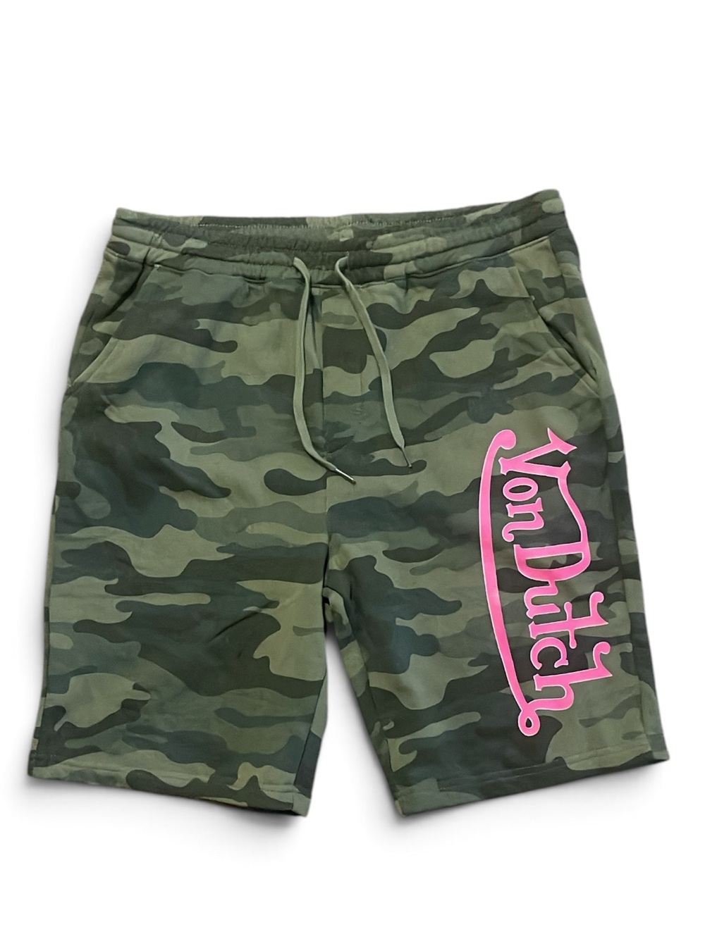 Von Dutch Camo Sweat Shorts with Pink Logo Sz L